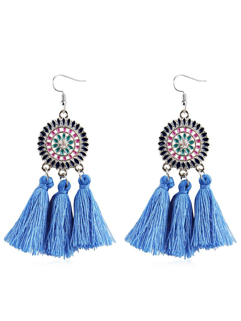 

Rhinestone Round Fan Shaped Fringe Hook Earrings, Blue