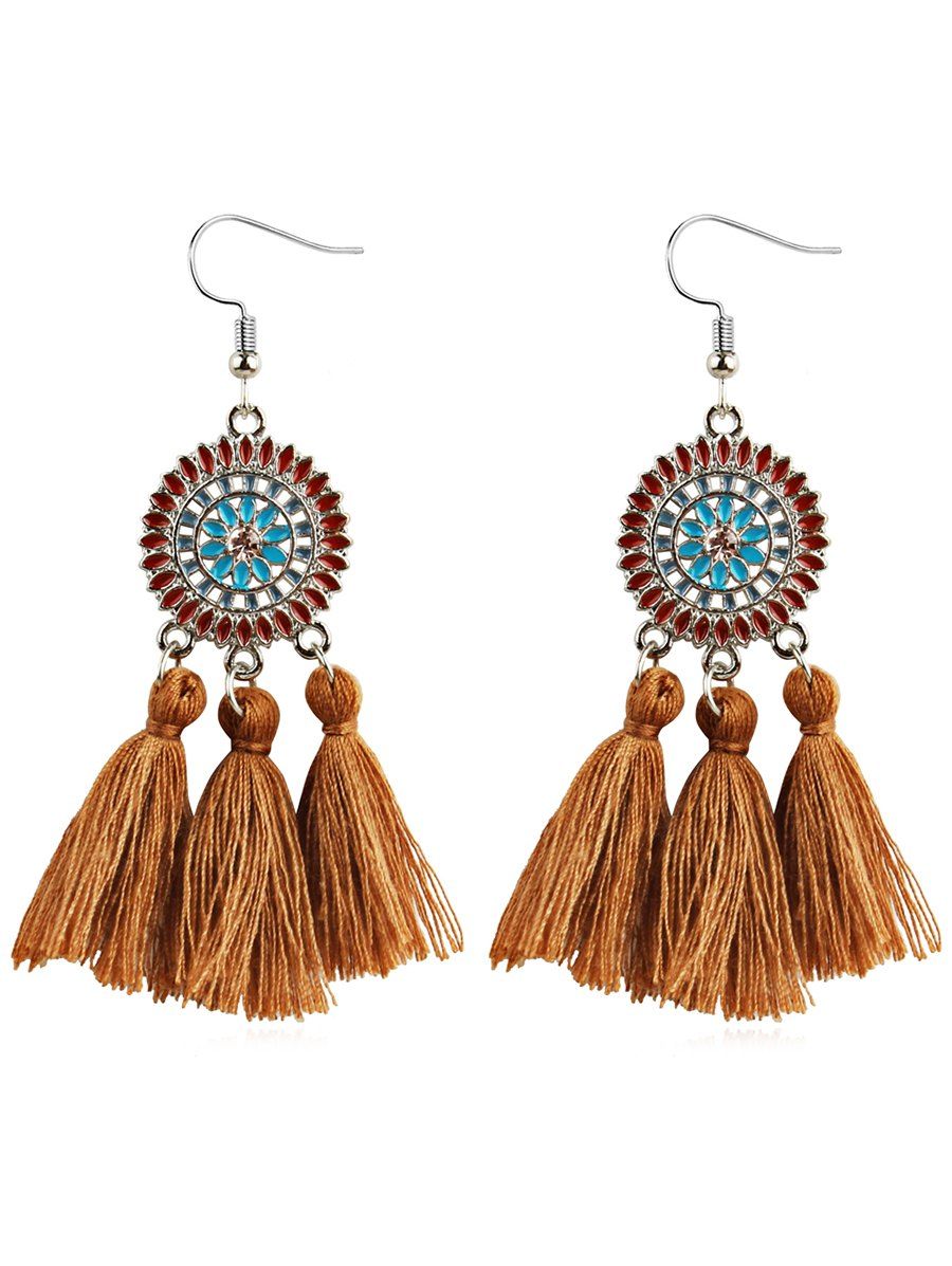 

Rhinestone Round Fan Shaped Fringe Hook Earrings, Brown