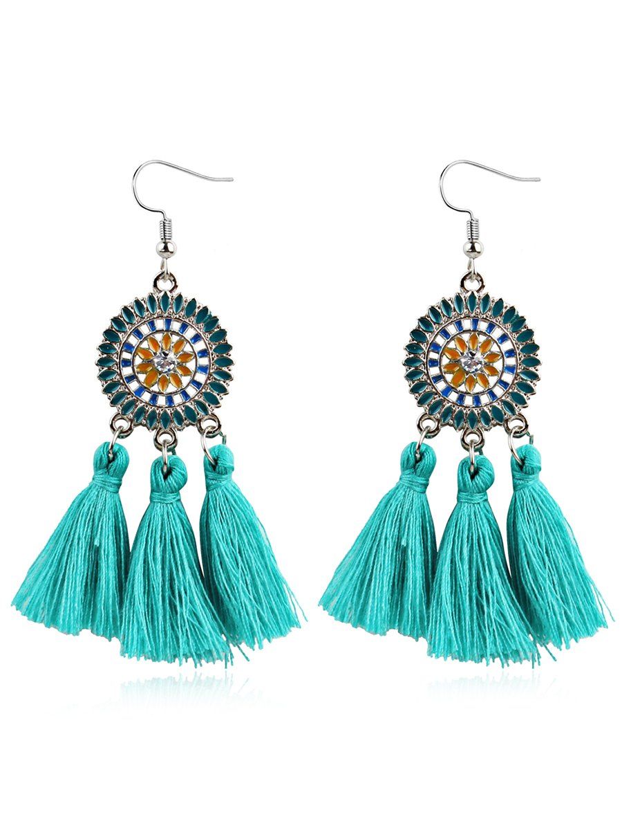 

Rhinestone Round Fan Shaped Fringe Hook Earrings, Blue lagoon