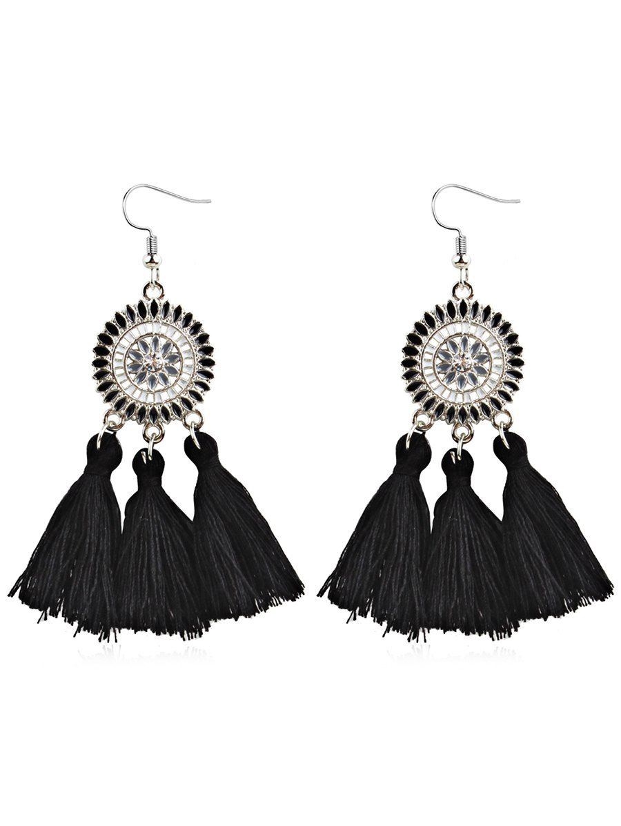 

Rhinestone Round Fan Shaped Fringe Hook Earrings, Black