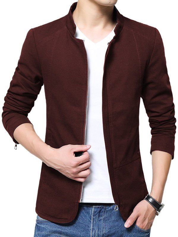 

Zip Up Stand Collar Solid Color Jacket, Red wine