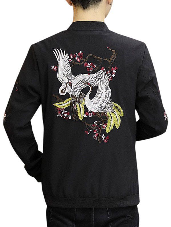 

Zip Up Stand Collar Embroidery Crane Jacket, Black