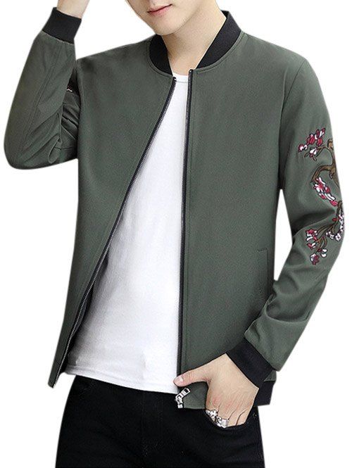 

Zip Up Stand Collar Embroidery Crane Jacket, Army green