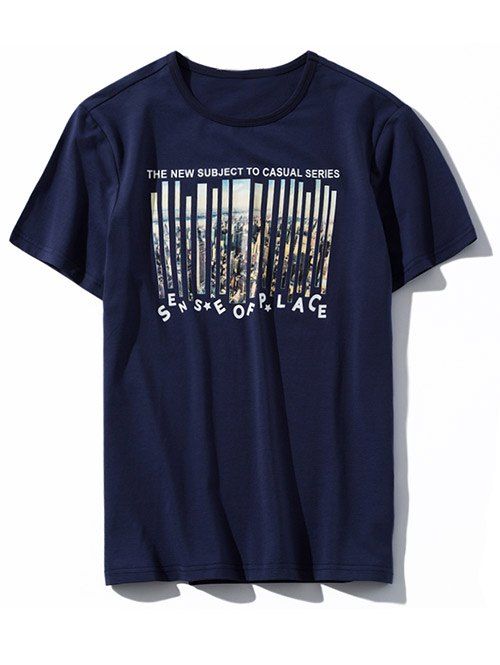 

Letter Print Round Neck Graphic T-shirt, Deep blue