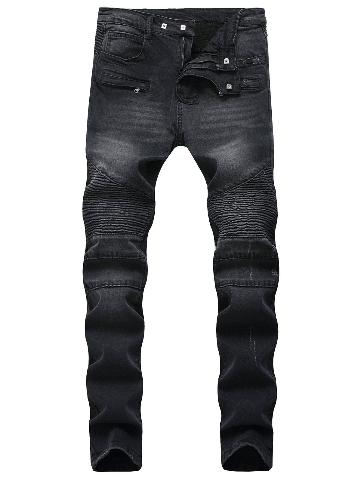 

Multi-pocket Pleated Patchwork Jeans, Black
