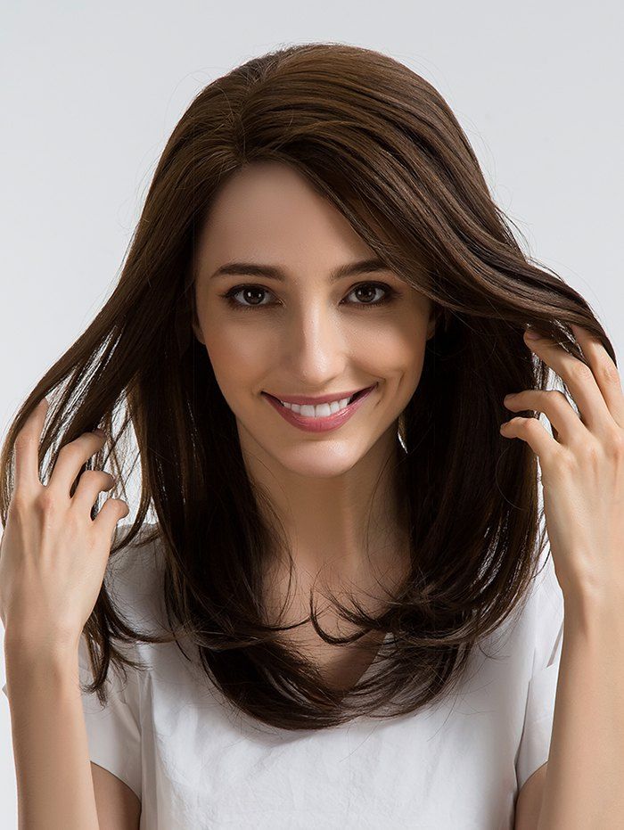 

Long Side Bang Straight Synthetic Wig, Coffee