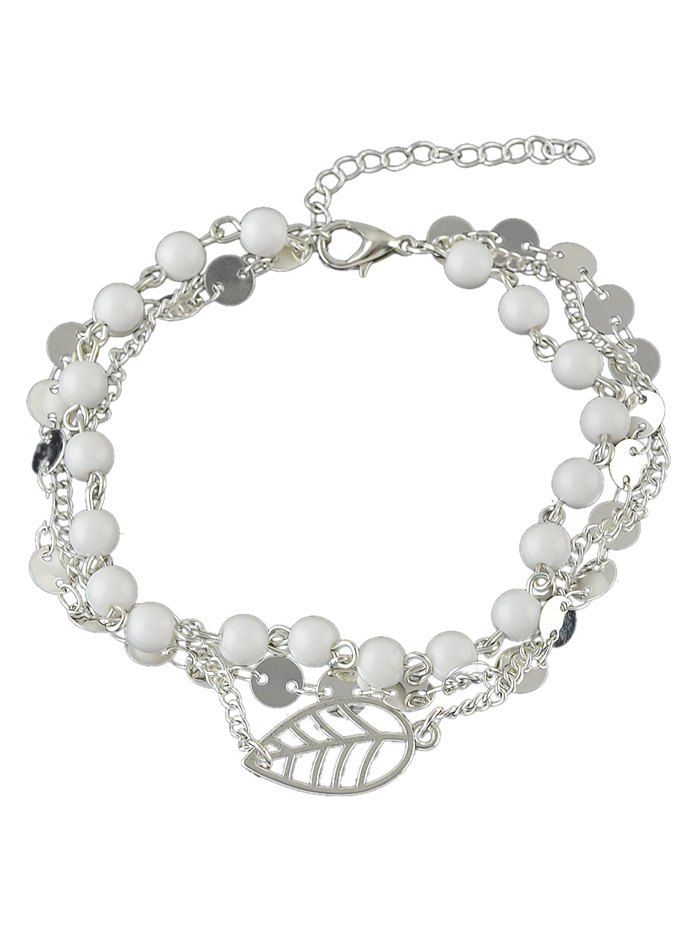 

Hollow Leaf Beaded Disc Charm Anklet, Silver