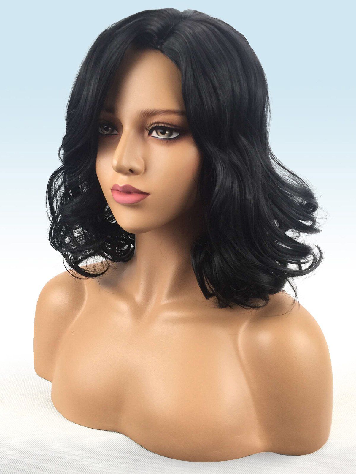 

Medium Length Inclined Bang Wavy Synthetic Wig, Natural black