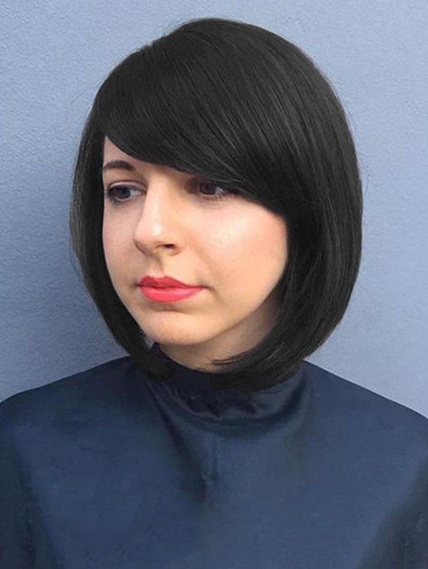 

Short Inclined Bang Straight Bob Human Hair Wig, Black