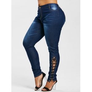 

Plus Size Side Lace Up Zipper Fly Jeans, Denim dark blue