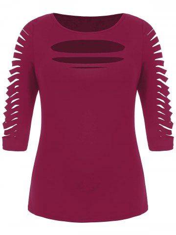

Plus Size Three Quarter Sleeve Ripped T-shirt, Rose red