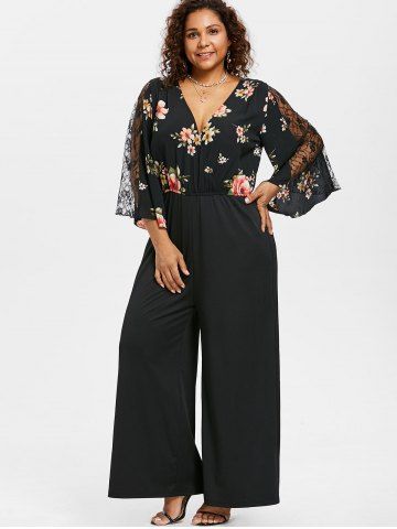 

Plus Size Flare Sleeve Wide Leg Jumpsuit, Black