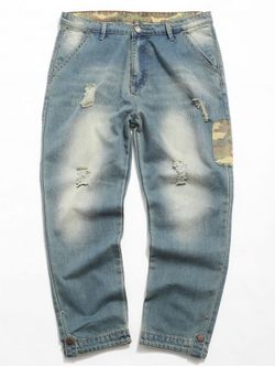 Destruido camuflaje Panel Zip Fly Jeans - DENIM DARK BLUE - S