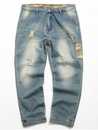 Destroyed Camouflage Panel Zip Fly Jeans
