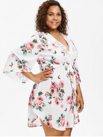 

Drawstring Waist Plus Size Floral Print Dress, White