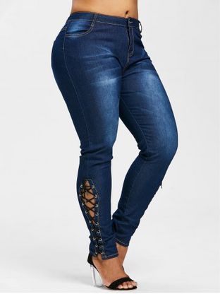 Plus Size Side Lace Up Zipper Fly Jeans