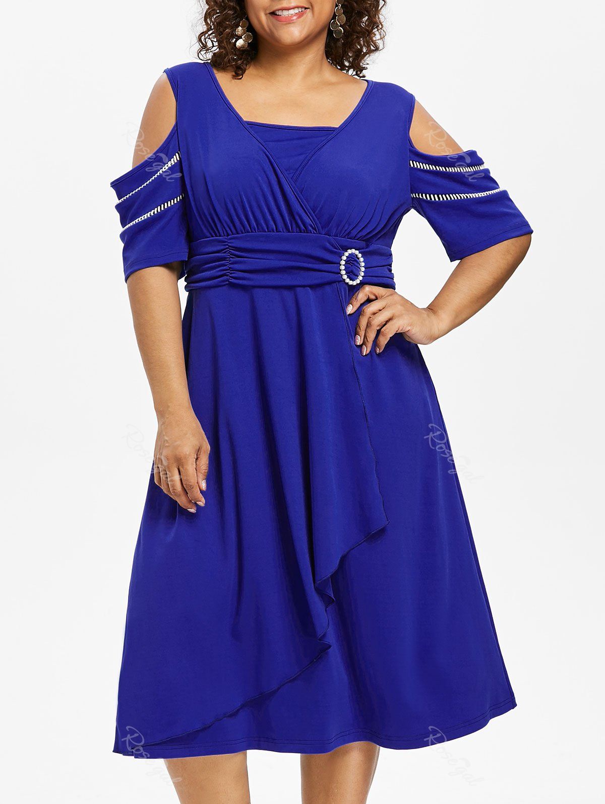 

Plus Size Open Shoulder Embellished Surplice Dress, Royal blue