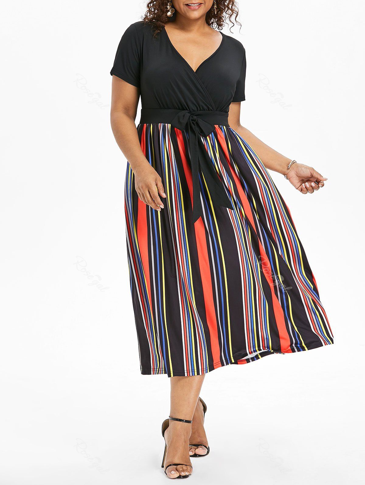 

Plus Size Tie Waist Striped Dress, Black