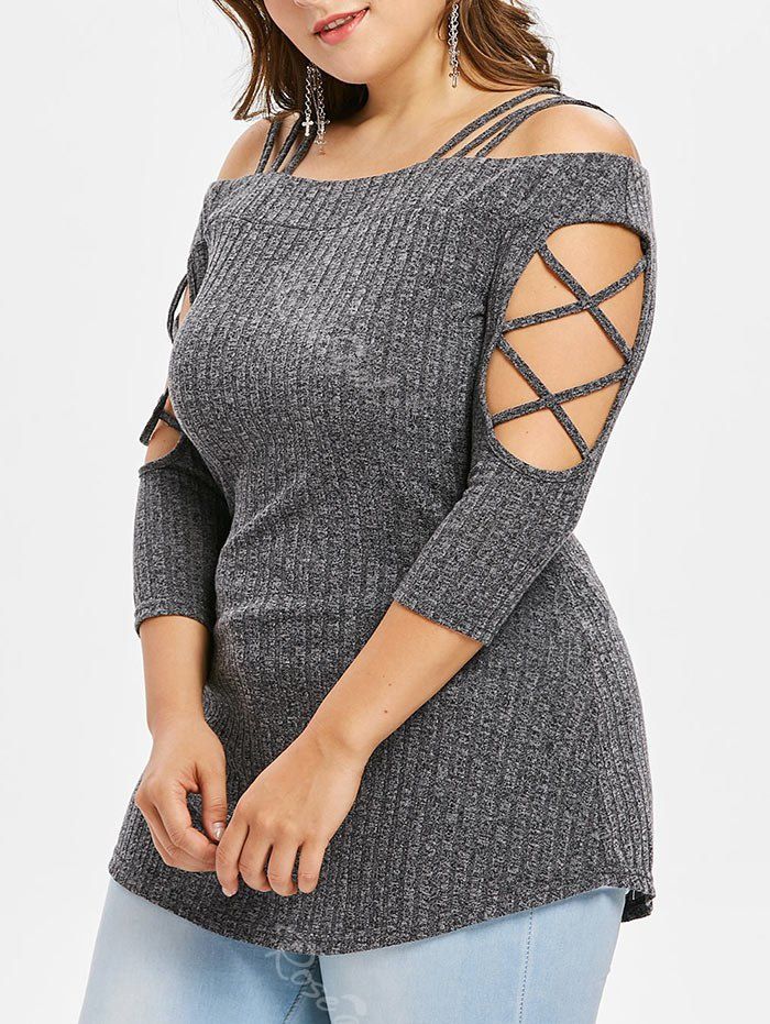 

Plus Size Open Shoulder Knitted Slim T-shirt, Battleship gray