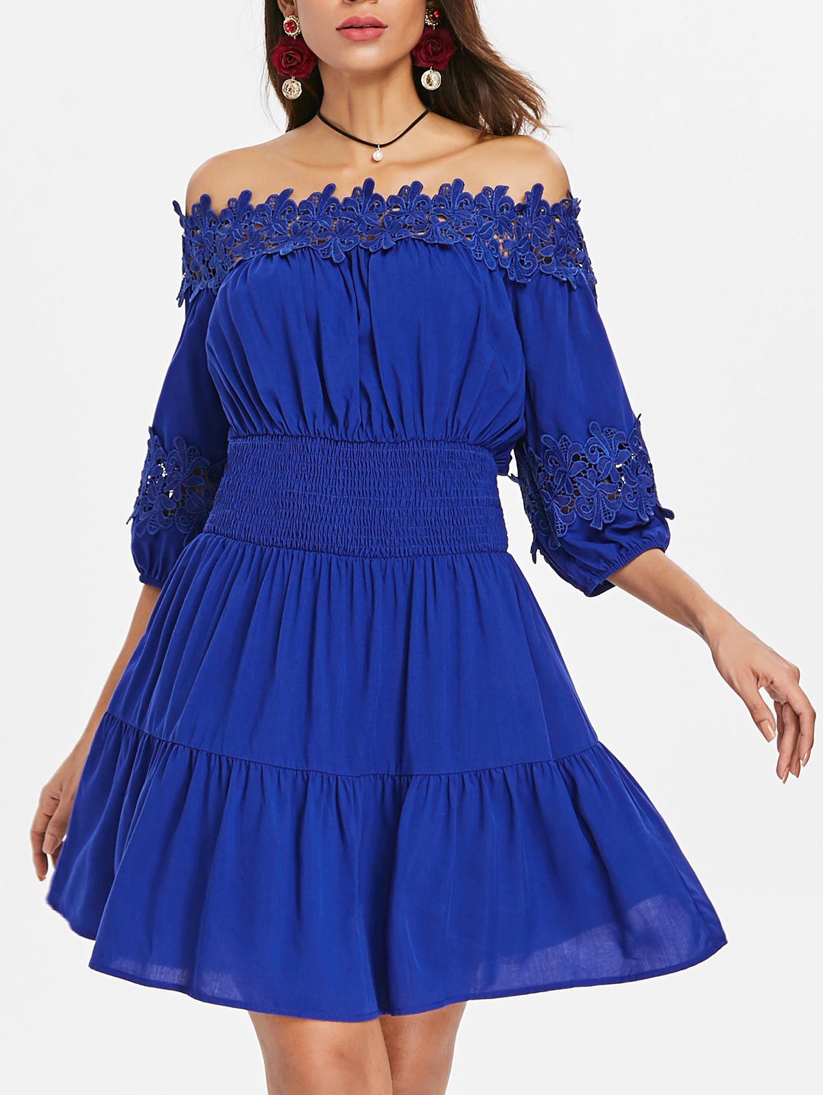 

Lace Brim Off Shoulder High Waist Dress, Blue