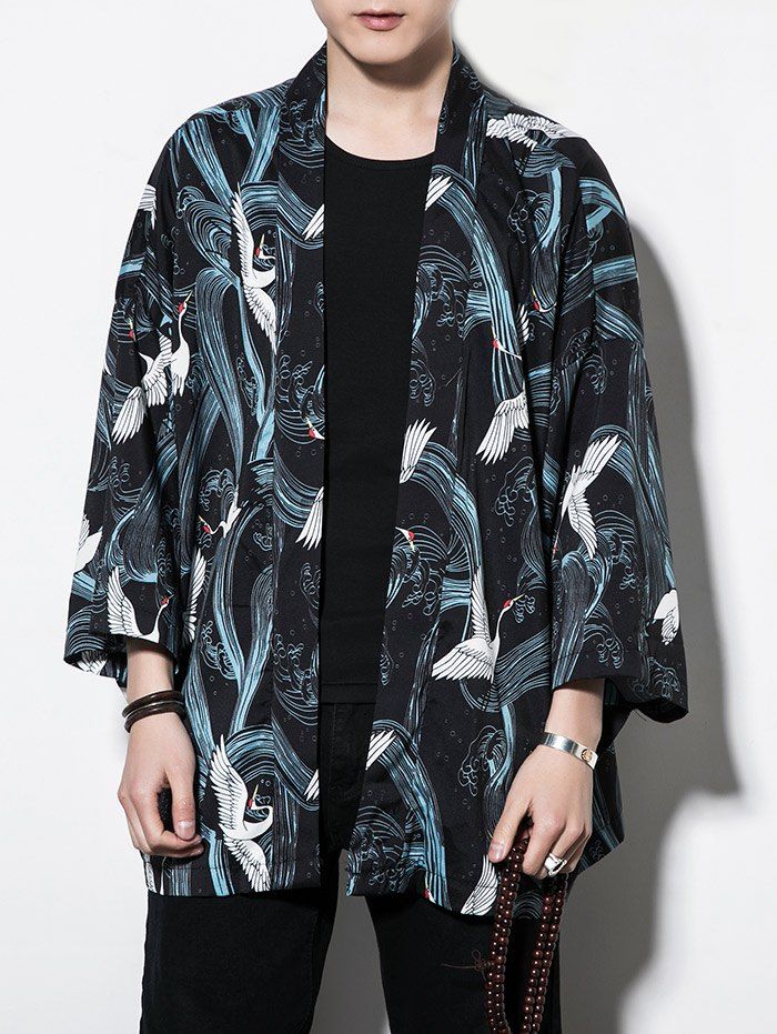 

Red-crowned Crane Print Casual Sun-proof Kimono Cardigan, Multi