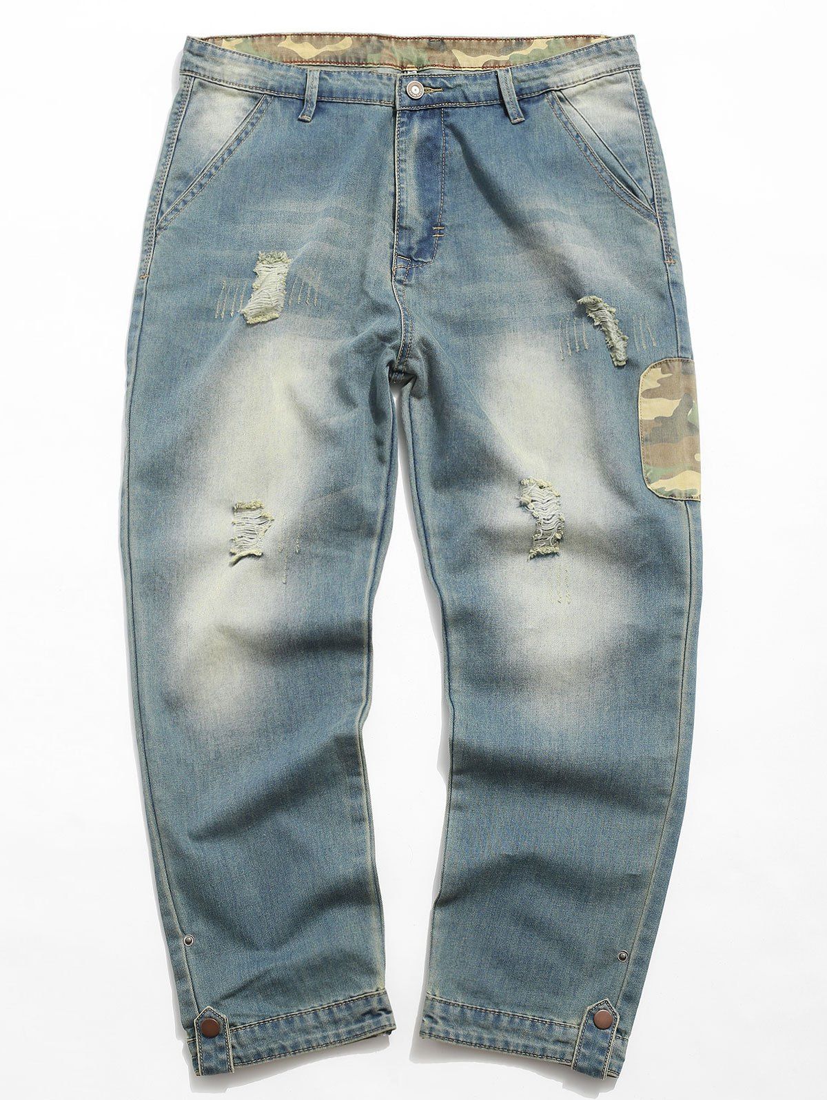 

Destroyed Camouflage Panel Zip Fly Jeans, Denim dark blue