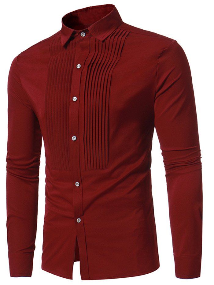 

Pleated Solid Color Long Sleeve Shirt, Red wine