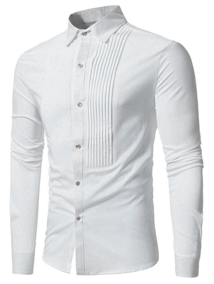 

Pleated Solid Color Long Sleeve Shirt, White