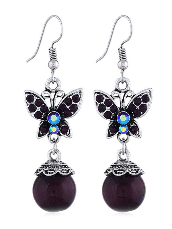 

Round Artificial Gemstone Rhinestone Butterfly Hook Earrings, Purple