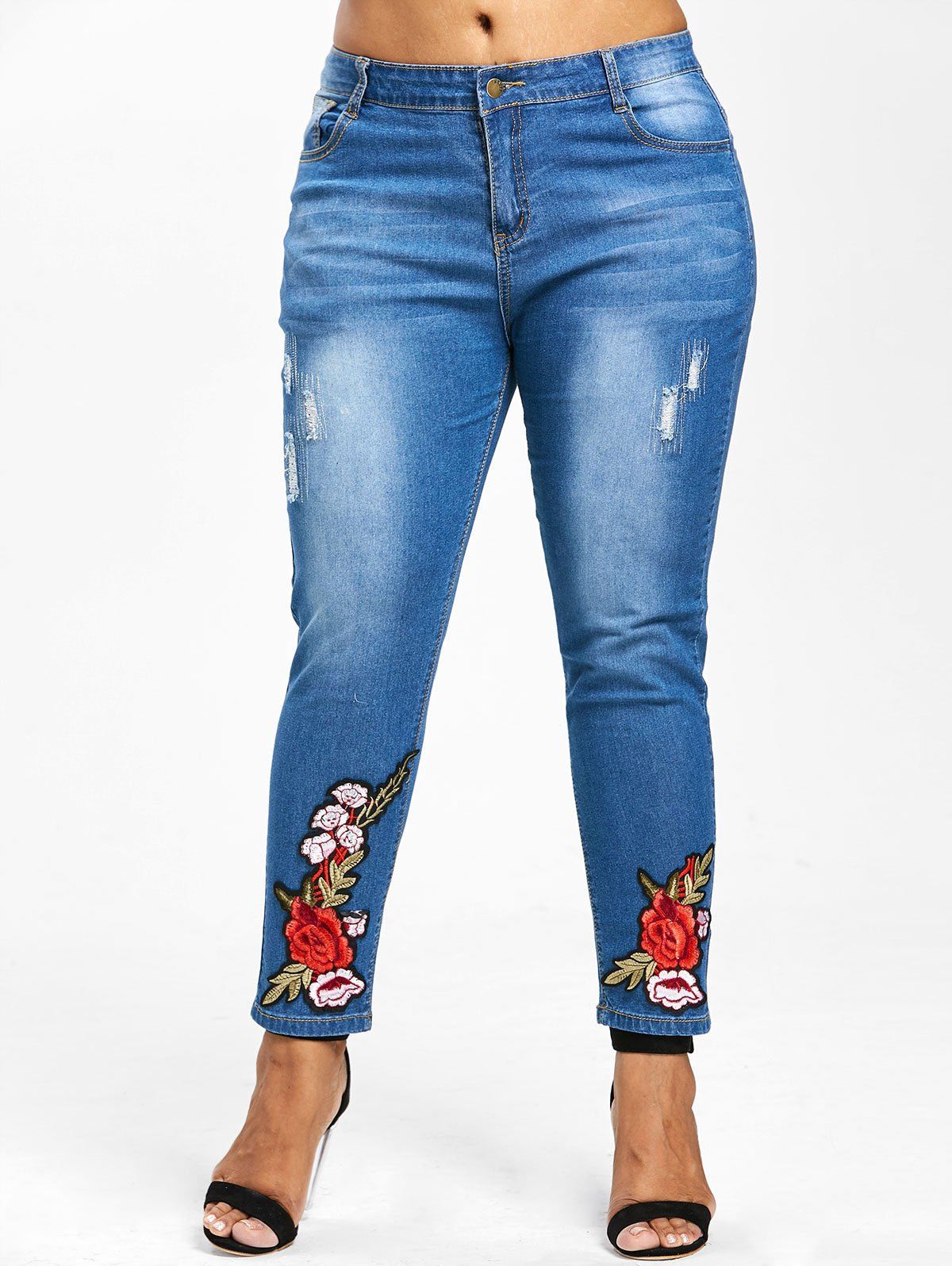 

Floral Embroidery Plus Size Straight Jeans, Denim dark blue