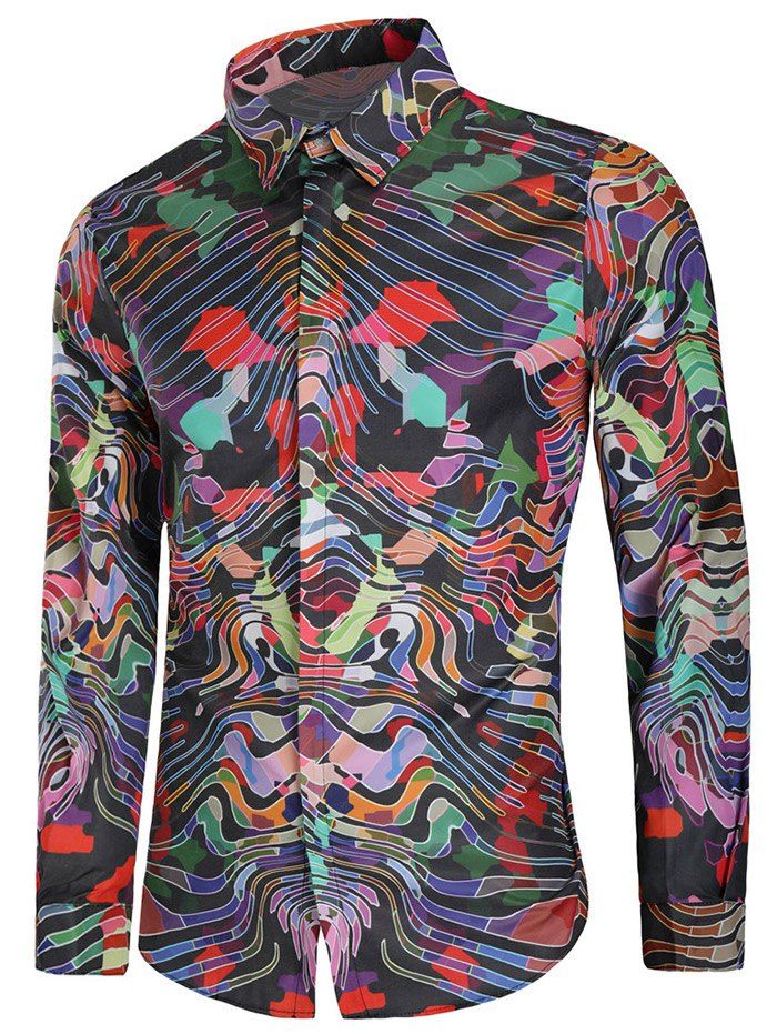 

Colorful Curve Print Long Sleeve Casual Shirt, Multi