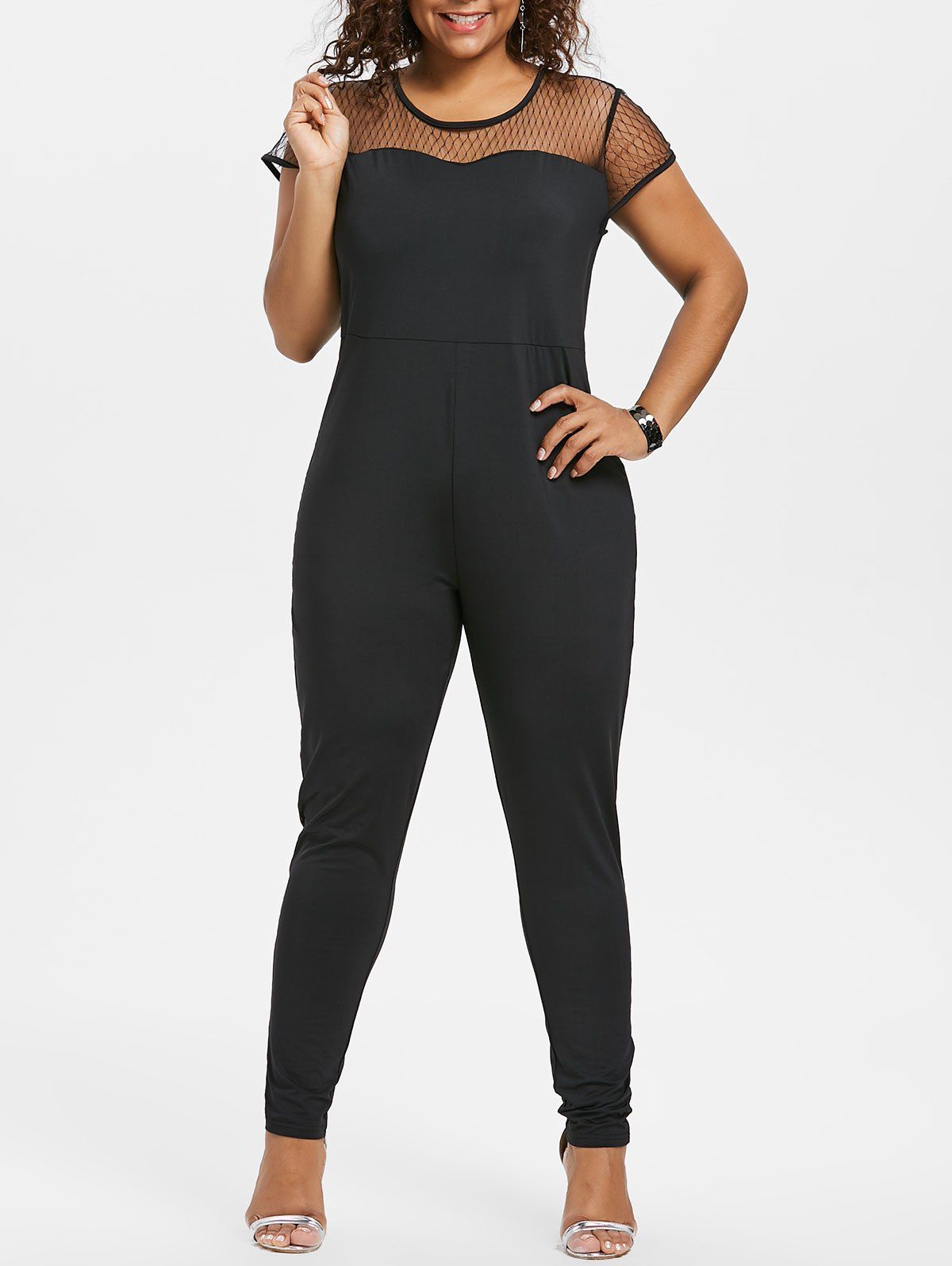 

Plus Size Mesh Yoke Jumpsuit, Black