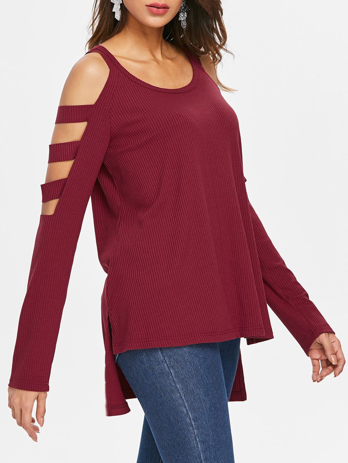 

Cut Out Asymmetrical Ribbed T-shirt, Red wine