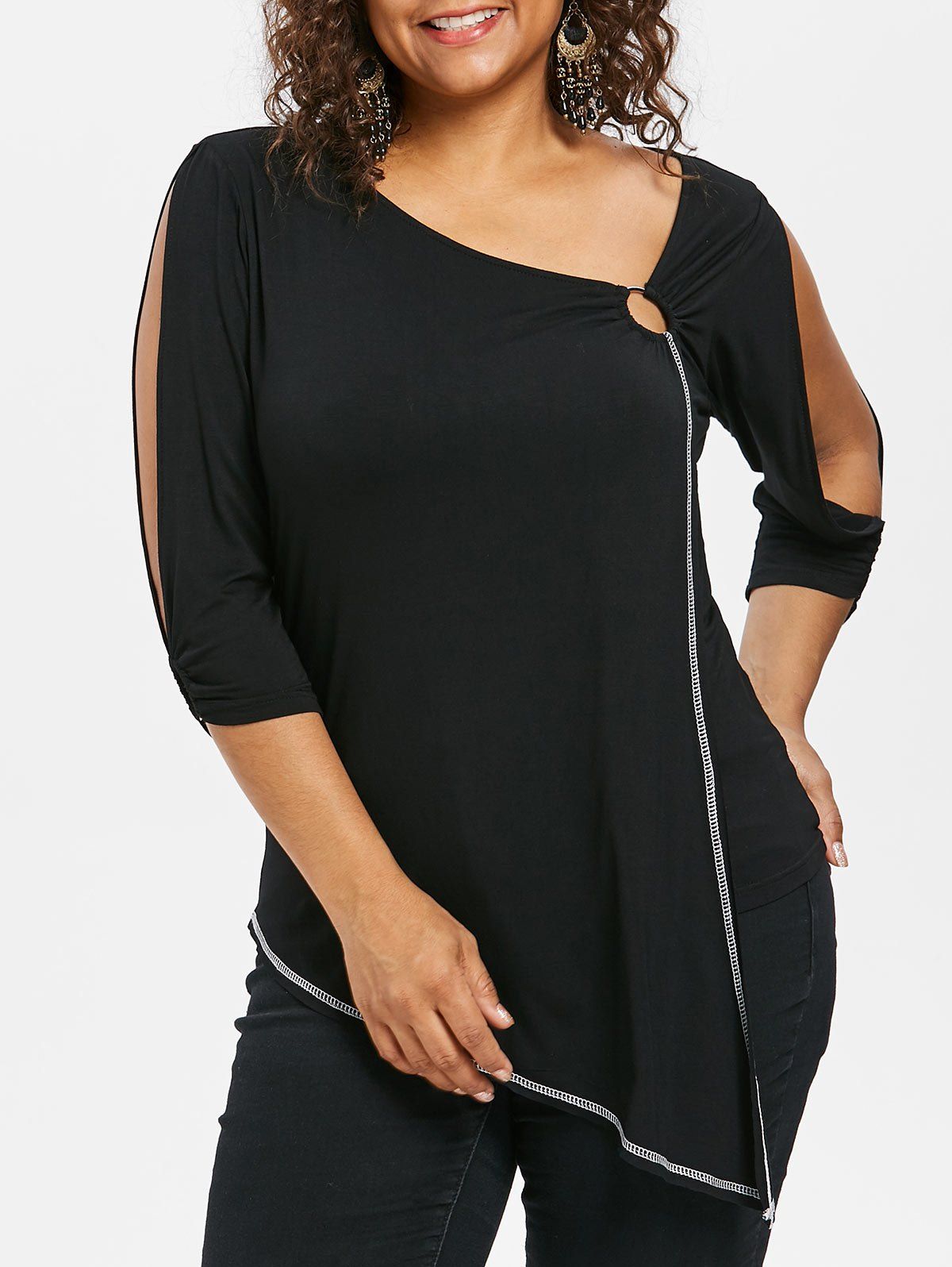 

Plus Size Skew Collar Slit Sleeve T-shirt, Black