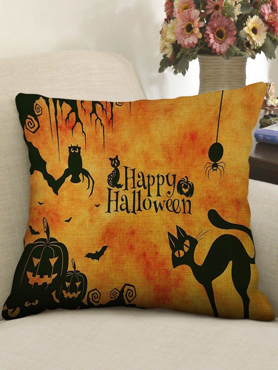 

Happy Halloween Pumpkin Cat Printed Pillow Case, Multi