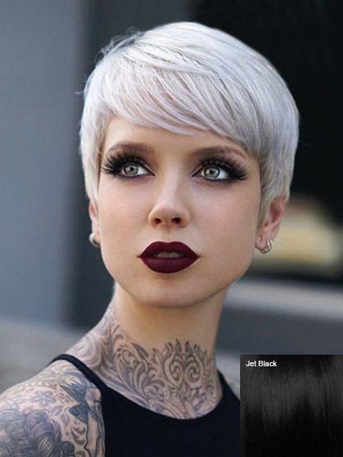 

Short Inclined Bang Straight Pixie Human Hair Wig, Jet black