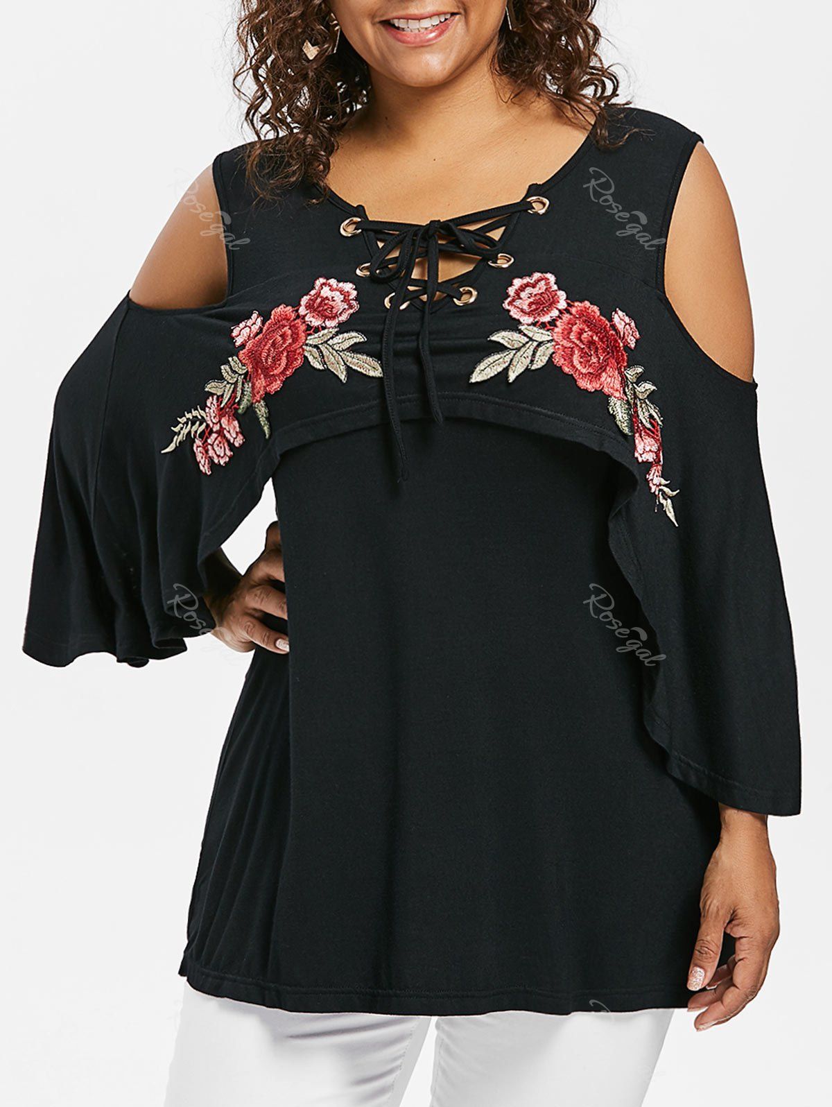 

Plus Size Cold Shoulder Embroidery T-Shirt, Black