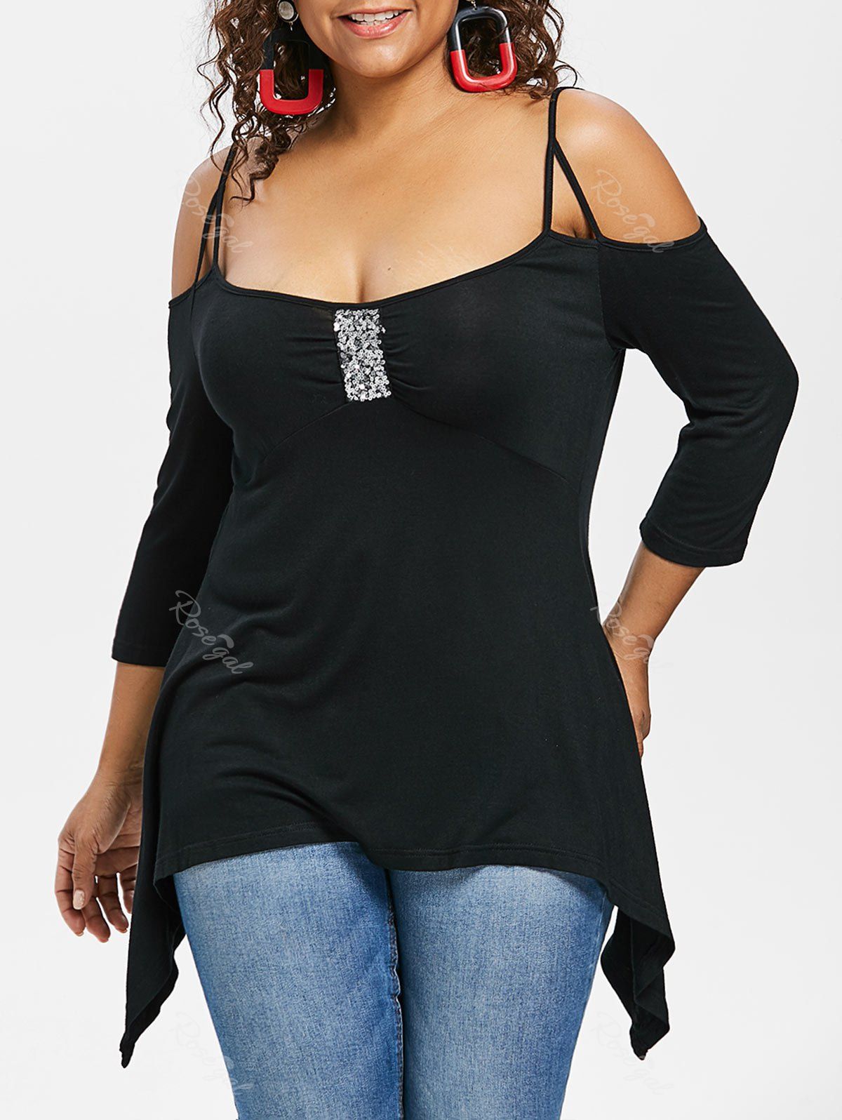 

Plus Size Sequins Trim Cold Shoulder T-shirt, Black