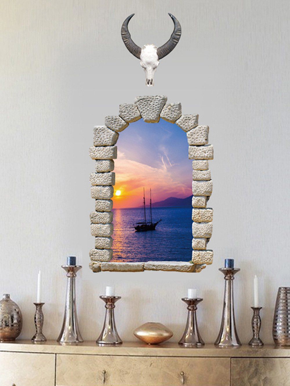 

3D Broken Wall Brick Sunset Print Removable Wall Sticker, Multi