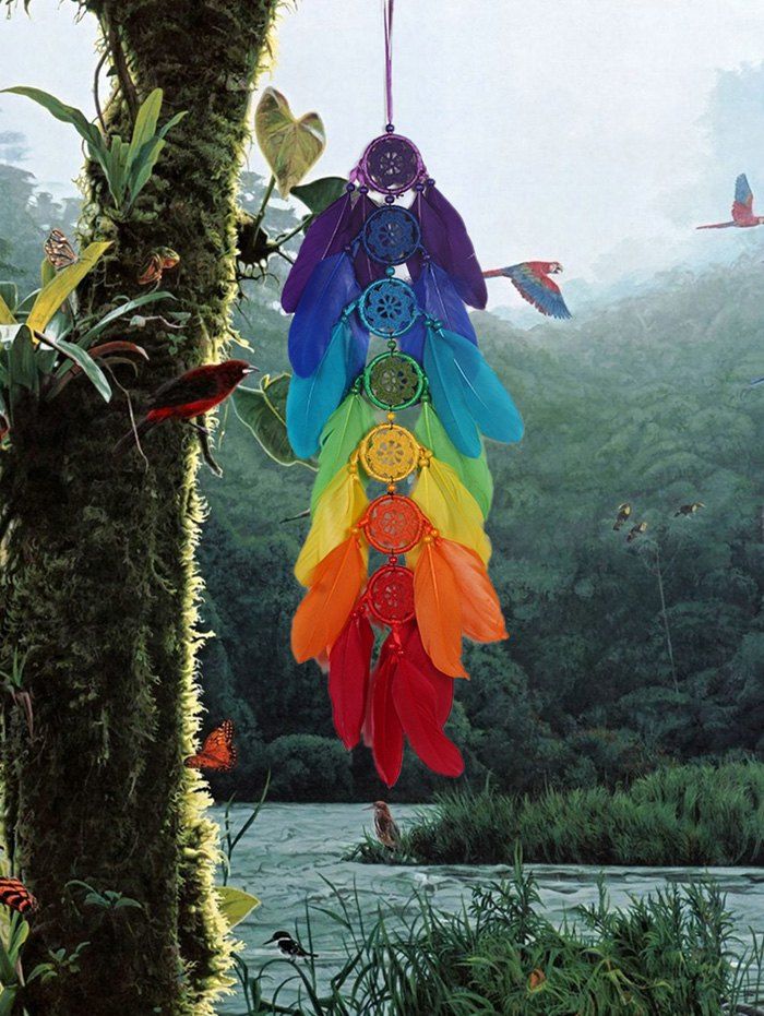 

Colorful Feathers Fringed Handmade Dream Catcher Wall Decoration, Multi