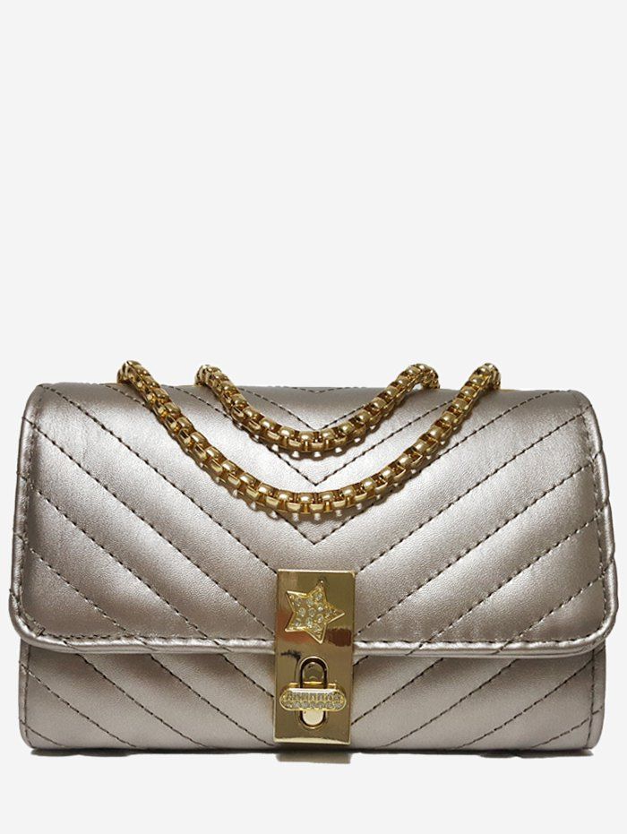 

Hasp V Shaped Stitching Chain Crossbody Bag, Champagne gold