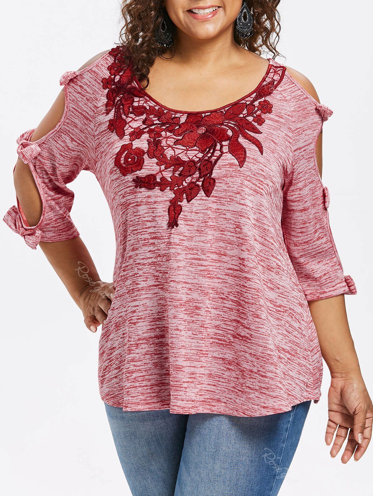

Plus Size Bowknot Cut Marled T-shirt, Pink bow