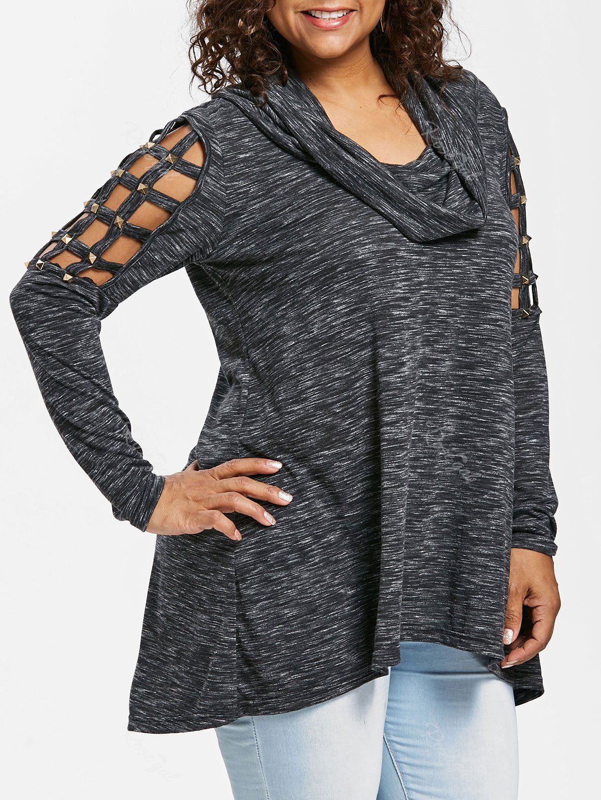 

Plus Size Rivets Detail Cowl Neck T-shirt, Black