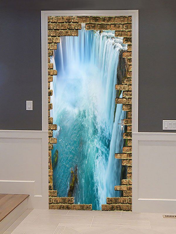 

3D Broken Brick Wall Waterfall Print Door Art Stickers, Multi