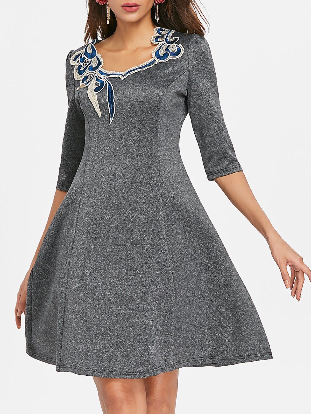 

Embroidered A Line Dress, Dark gray