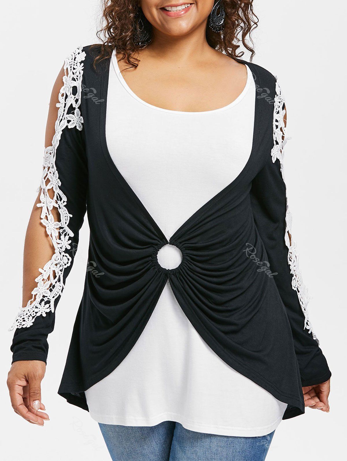

Plus Size Lace Trim Cold Shoulder T-shirt, Black