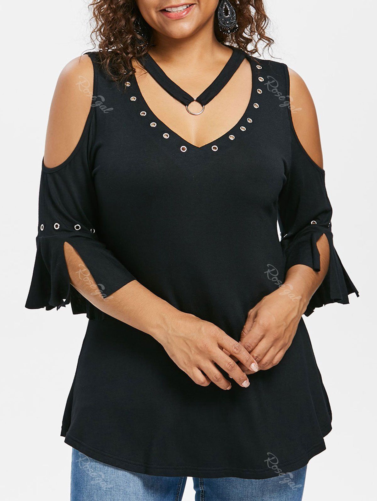 

Plus Size Grommets Detail V Neck T-shirt, Black