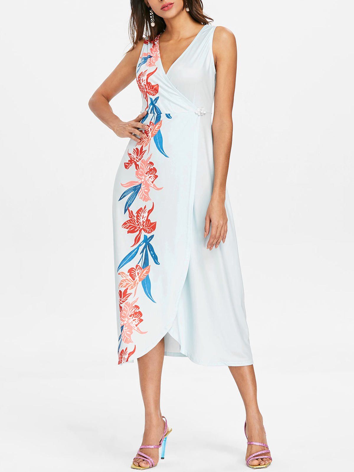 

Sleeveless Plunging Neck Surplice Dress, Pale blue lily