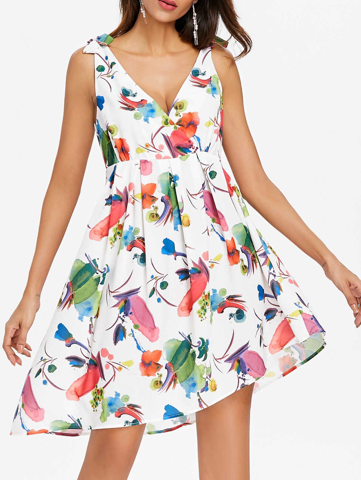 

Print Self Tie Sleeve Asymmetric Dress, White