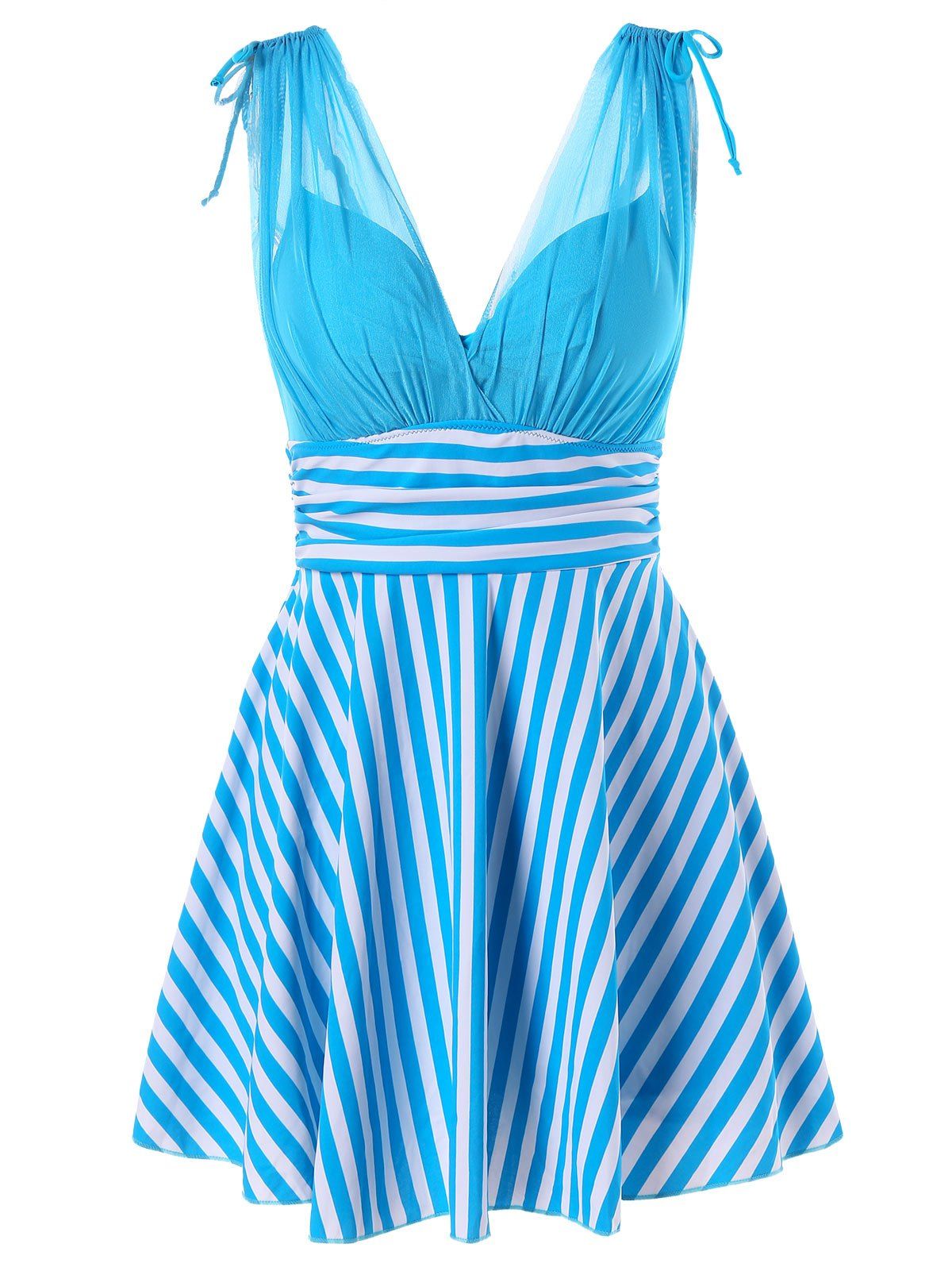 

Empire Waist Stripe One Piece Skirted Swimsuit, Butterfly blue